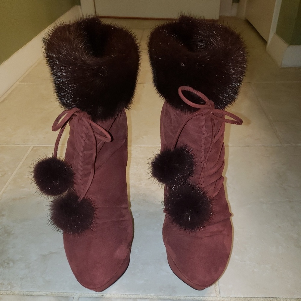 Sergio Rossi Mink Trimmed Suede Platform Booties - Picture 4 of 6